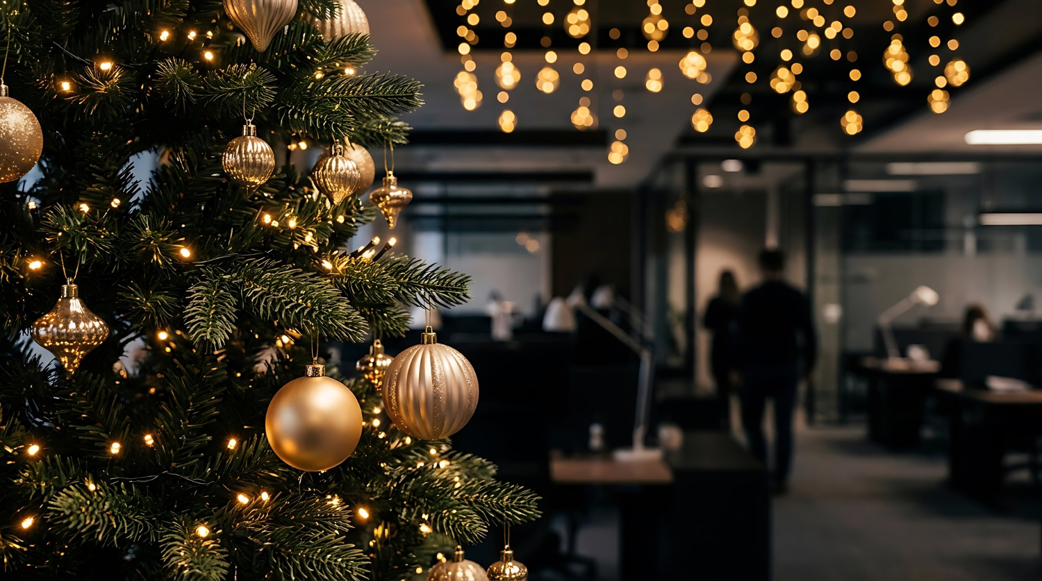 Sapin de Noël avec des décorations dorées dans un intérieur de bureau